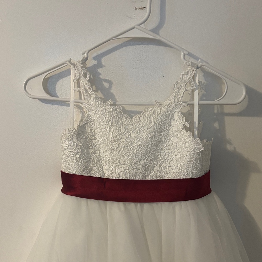 White and Burgundy Flower Girl Dress